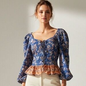 House of Harlow 1960 Floral Lace Up Top S Blue Boho Peplum Balloon Sleeve